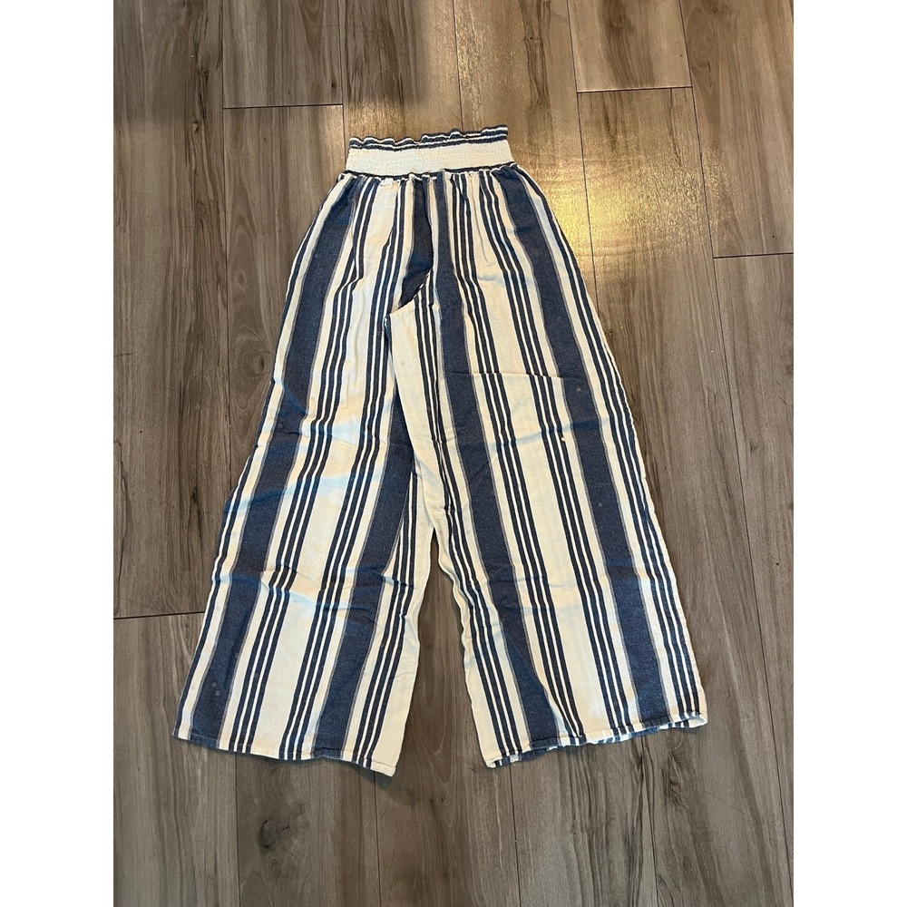 Altar'd State Striped Wide Leg Smocked Waist Pants Blue White Boho Medium